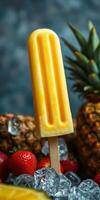Colorful fruit popsicle stands out among fresh strawberries and pineapples on ice photo