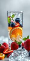 Refreshing fruit-infused drink with blueberries, strawberries, and oranges on a cool surface with ice cubes photo
