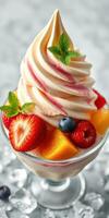 Delicious soft serve dessert topped with fresh fruit and mint on a marble countertop photo