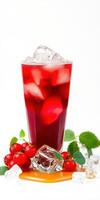 Refreshing beverage with berries and ice surrounded by fresh fruits and mint leaves photo