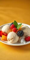 Delightful bowl of creamy ice cream served with fresh fruits and mint on a vibrant background photo