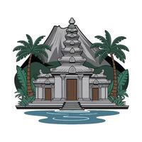An illustration of a temple with palm trees and a mountain in the background vector