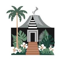 A temple with palm trees and a volcano vector