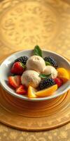 Delightful ice cream with fresh berries and citrus served in a decorative bowl on a golden tablecloth photo