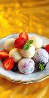 Delicious dessert bowl filled with various ice cream flavors garnished with fresh strawberries and blackberries photo