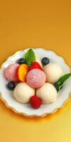 Colorful fruit sorbet served on an elegant plate with fresh berries and mint leaves photo