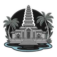 An image of a temple with palm trees and water vector