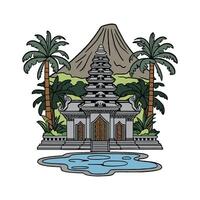 A temple with palm trees and a mountain in the background vector