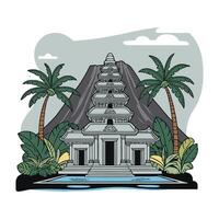 An illustration of a temple with palm trees and water vector