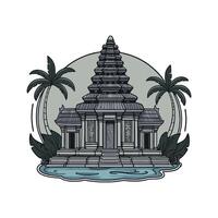 An ancient temple with palm trees and water vector