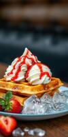 Delicious waffles topped with whipped cream and strawberry sauce served on a plate with ice cubes photo