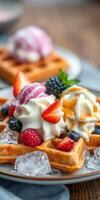 Deliciously prepared waffles topped with fresh berries and creamy ice cream in a cozy setting photo