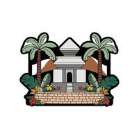 A cartoon house with palm trees and a mountain in the background vector