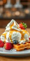 Delicious waffle topped with creamy ice cream, fresh strawberries, and drizzled syrup served in a cozy cafe photo