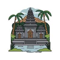 An illustration of a temple with palm trees and water vector