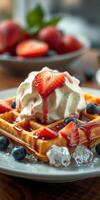 Delicious waffles topped with fresh strawberries, whipped cream, and blueberry sauce served on a wooden table photo