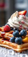 Delicious waffles topped with whipped cream, fresh strawberries, and berries in a cozy cafe setting photo
