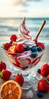 Exquisite dessert featuring soft serve ice cream topped with fresh berries on the beach at sunset photo