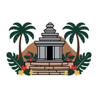 The flag of indonesia with a temple and palm trees