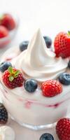 Delicious dessert featuring mixed berries and creamy yogurt on a bright background photo