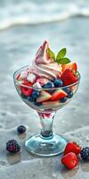 Delicious dessert served in a glass bowl topped with whipped cream and fresh berries in a bright setting photo