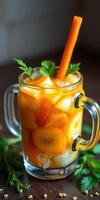 refrescante Fruta bebida con vibrante colores y Fresco ingredientes en un claro vaso foto