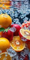 Fresh fruits and ice cubes create a vibrant display of color and texture in a cooling environment photo
