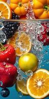 Fresh fruits submerged in sparkling water with ice cubes creating a refreshing display photo