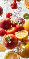 Fresh fruits splashing in water, creating a vibrant and refreshing display of apples, strawberries, and citrus photo