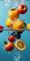 Fresh fruits splashing in clear water with ice on a bright blue background photo