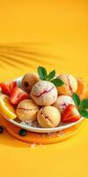 Colorful dessert bowl with assorted ice cream scoops and fresh fruits on a vibrant yellow background photo