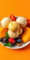 Colorful ice cream scoop arrangement with fresh fruits on a vibrant orange background photo