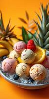 Colorful scoop of ice cream with fresh fruits on display at a summer gathering photo