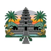 An illustration of a temple with palm trees and a sunset vector
