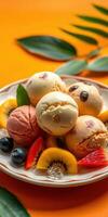 Delightful dessert featuring three scoops of ice cream accompanied by fresh fruit on a vibrant orange background photo