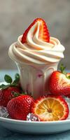 Creamy strawberry swirl dessert served with fresh strawberries and orange slices on ice photo