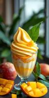 Delicious mango swirl dessert with fresh fruit and creamy layers in a decorative glass photo