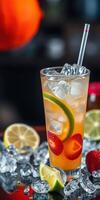 Refreshing cocktail with ice and citrus garnishes served in a glass during a sunny afternoon at a vibrant bar photo