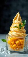 Delicious mango soft serve served in a glass bowl with fresh mango chunks and mint leaves for a refreshing dessert photo