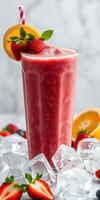 Refreshing summer smoothie with berries and citrus on ice at a lively outdoor cafe photo