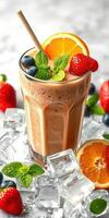 Refreshing fruit smoothie served in a clear glass surrounded by fresh berries and mint leaves photo