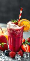 Refreshing berry drink with vibrant fruits and a stylish straw on display during a summer gathering photo