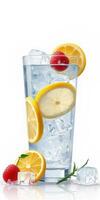 Refreshing drink with lemon and strawberry garnishes served in a tall glass with ice photo