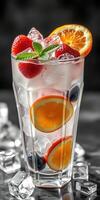 Refreshing fruit cocktail garnished with mint leaves and ice cubes in a clear glass photo