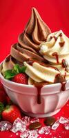 Decadent chocolate and vanilla swirl soft serve topped with strawberries and syrup photo