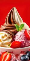 Delicious ice cream dessert with chocolate and strawberry flavors served in a bowl photo