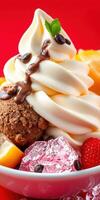 Delicious dessert featuring soft serve ice cream, chocolate sauce, and fresh fruits in a vibrant bowl photo