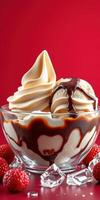 Delicious ice cream sundae with chocolate sauce and raspberries on a red background photo