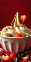 Delicious dessert featuring creamy ice cream topped with chocolate and fresh strawberries photo