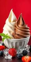 Indulgent swirl of vanilla and chocolate soft serve with fresh fruits and ice photo